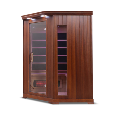 Right side view of the Healthsmart 4-person full spectrum corner infrared sauna with hemlock finish, glass door, and windows, showcasing the interior view.