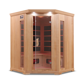 Front view of the Healthsmart 4-person full spectrum corner infrared sauna with cedar finish, glass door, and windows, showcasing the interior view.