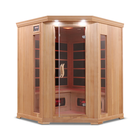 Front view of the Healthsmart 4-person full spectrum corner infrared sauna with cedar finish, glass door, and windows, showcasing the interior view.