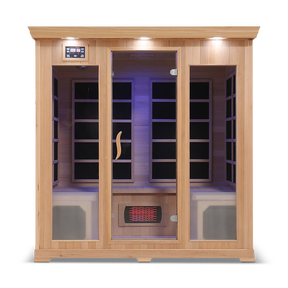 Front view of the Healthsmart 4-person full spectrum infrared sauna featuring a cedar finish, glass door, and windows.