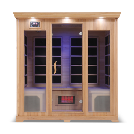 Front view of the Healthsmart 4-person full spectrum infrared sauna featuring a cedar finish, glass door, and windows.