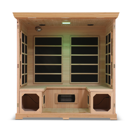 Front view of the Healthsmart 4-person full spectrum infrared sauna with cedar finish and the door open, showcasing its interior design and infrared sauna components.