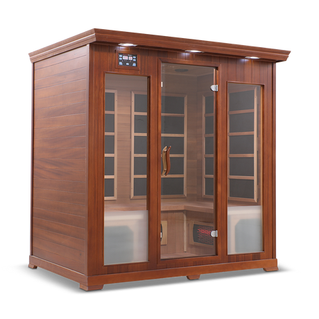 Front and semi-left side view of the Healthsmart 4-person full spectrum infrared sauna featuring a hemlock finish, glass door, and windows, with the interior view visible.