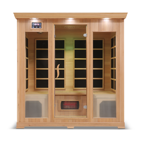 Front view of the Healthsmart 4-person full spectrum infrared sauna with cedar finish, glass door, and windows, showcasing the interior view.