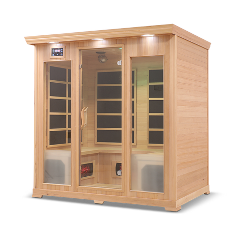 Front and semi-right side view of the Healthsmart 4-person full spectrum infrared sauna featuring a cedar finish, glass door, and windows, with the interior view visible.