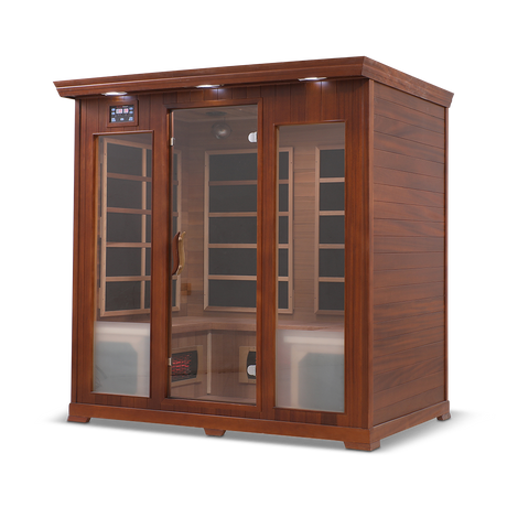 Front and semi-right side view of the Healthsmart 4-person full spectrum infrared sauna featuring a hemlock finish, glass door, and windows, with the interior view visible.