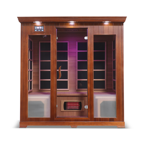 Front view of the Healthsmart 4-person full spectrum infrared sauna with a hemlock finish, glass door, and windows, showcasing the interior view.