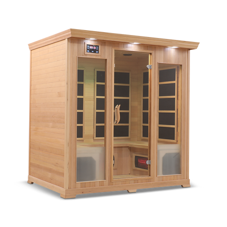 Front and semi-left side view of the Healthsmart 4-person full spectrum infrared sauna featuring a cedar finish, glass door, and windows, with the interior view visible.