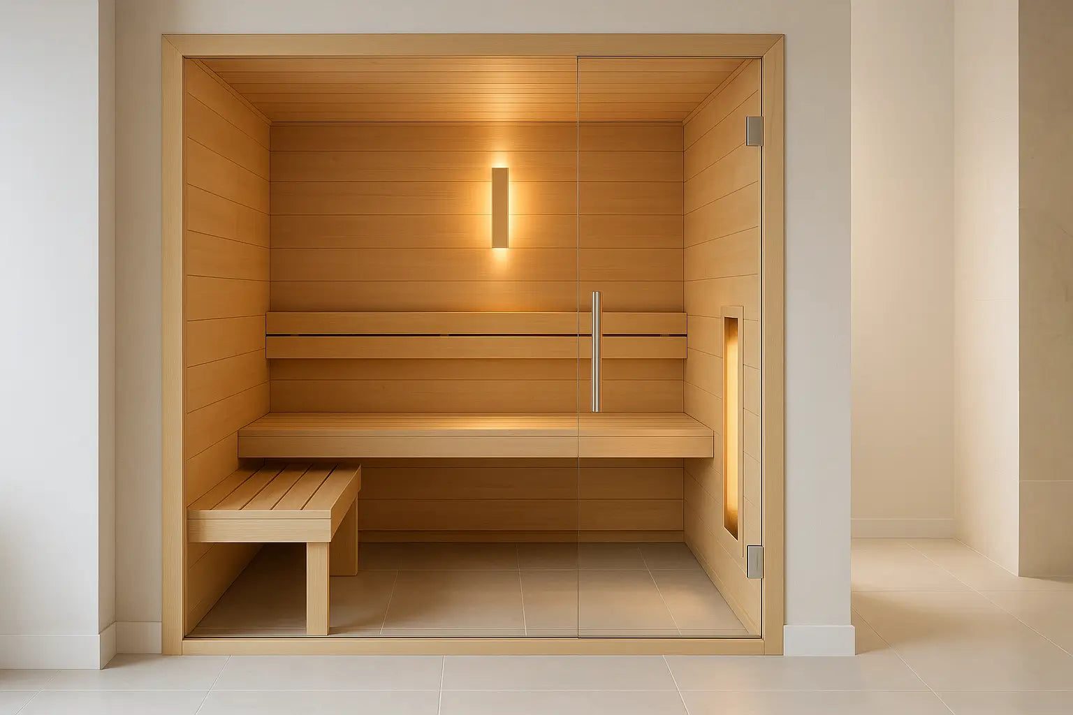 Modern hemlock sauna with frameless glass door, soft ambient lighting, and minimalist design in a luxury wellness room.