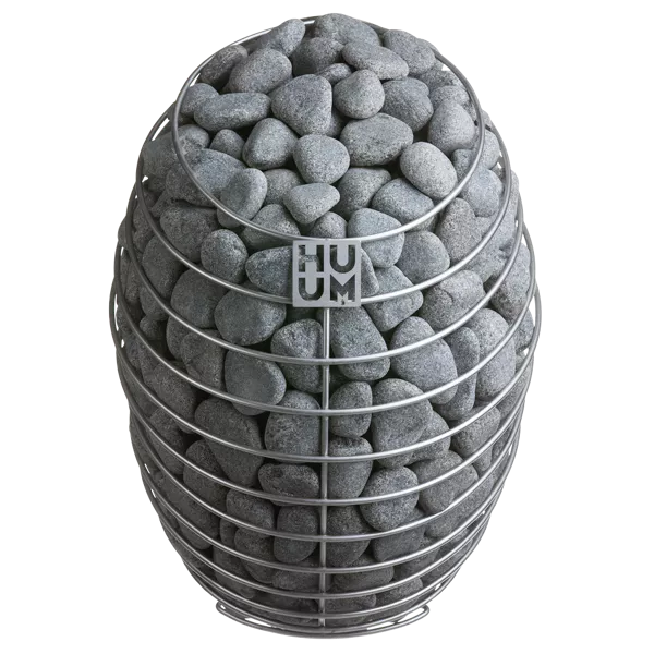 HUUM Drop electric sauna heater featuring a stainless steel finish, complemented by sauna rocks.