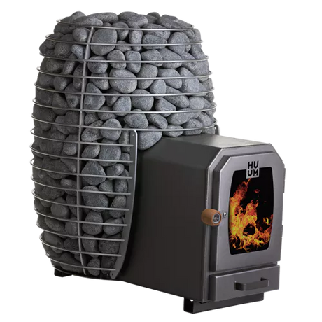 Semi-side view of the Huum Hive wood burning sauna heater model HIVEWOOD, displaying its modern aesthetics and efficient structure.