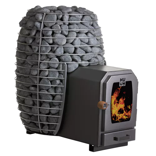 Semi-side view of the Huum Hive wood burning sauna heater model HIVEWOOD, displaying its modern aesthetics and efficient structure.