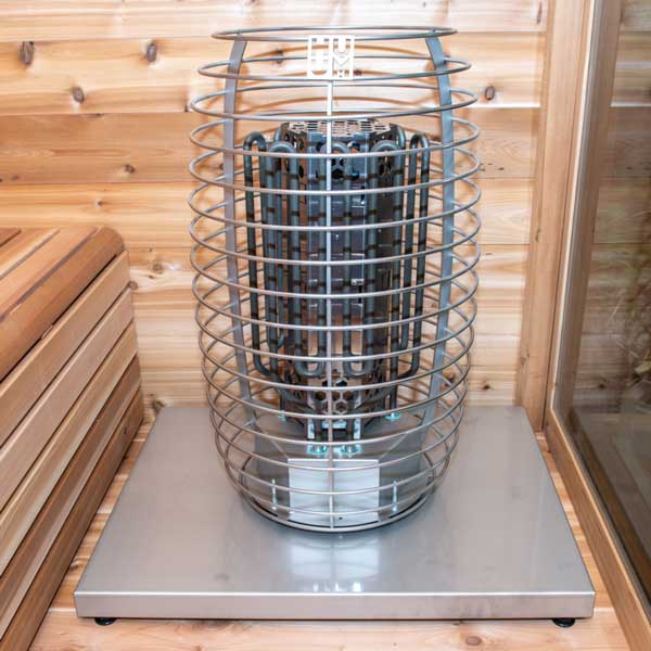 Adjustable installation of a sauna heater, showing a view from below, focusing on the placement and attachment under the heater unit.