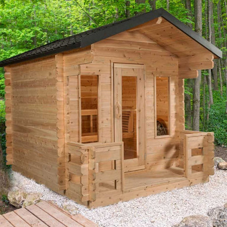 Front and left side view of a cozy Georgian cabin sauna with a welcoming porch.