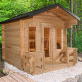 Front and left side view of a cozy Georgian cabin sauna with a welcoming porch.