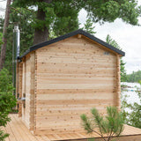 Back view of a Georgian cabin sauna featuring a lovely porch.