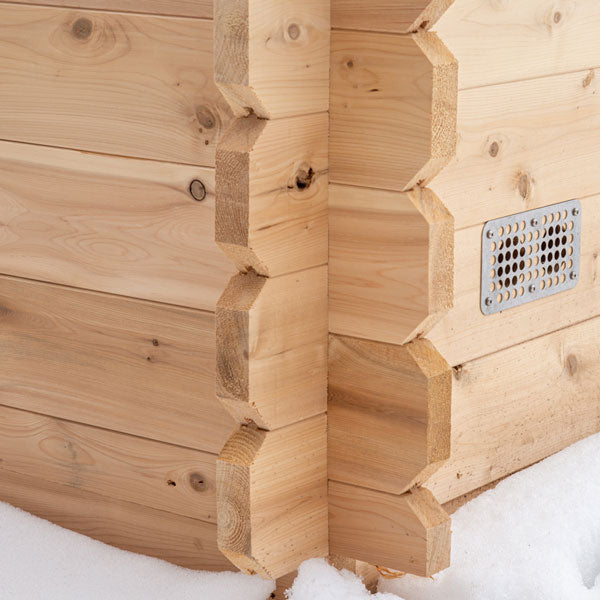 Close-up view of the sauna panels in the Granby Cabin Sauna.