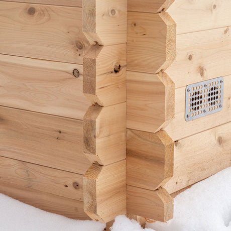 Close-up view of the sauna panels in the Granby Cabin Sauna.