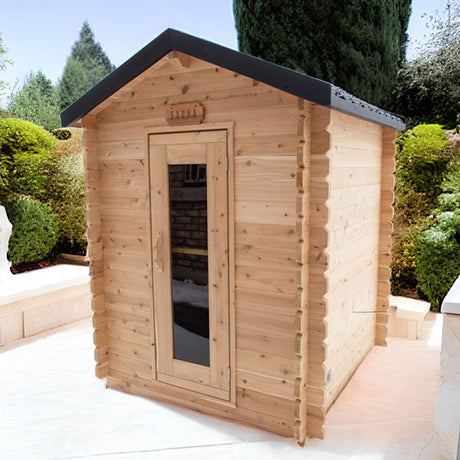 Front door view of the Granby Cabin Sauna.