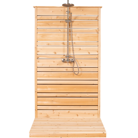 Distant front view of the Savannah Outdoor Shower featuring a cedar pillar, highlighting its rustic charm and outdoor aesthetics.