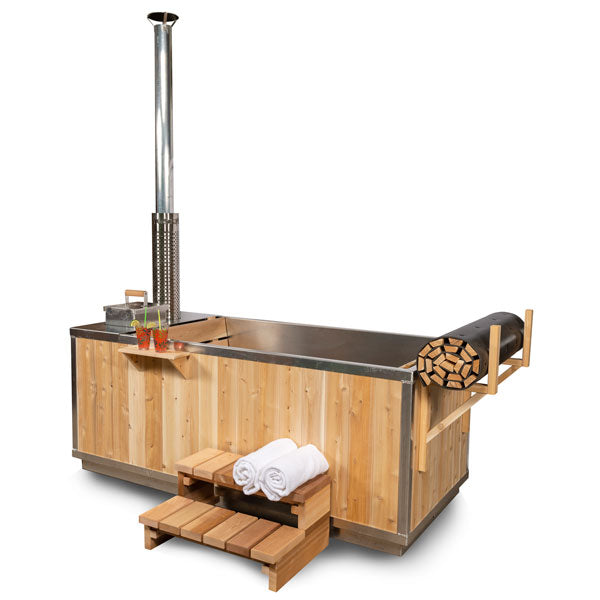 Semi-side view of the Starlight Hot Tub, featuring stairs and a visible flue pipe, emphasizing its design and accessibility.