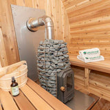 Chimney and shields with an elbow fitting extending out through the side wall, showcasing a featured side front view of the installation.