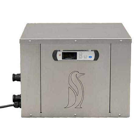 A front-facing image of the Penguin Cold Therapy Chiller, shown with an attached filter kit. The device has a simple, rectangular design with visible tubing and a control knob on the front panel.