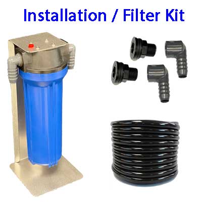 A front view of the Penguin Cold Therapy Chiller with its filter kit attached. The device showcases a clear view of the filter component, along with visible tubing and a control interface.

Alt Text Title: