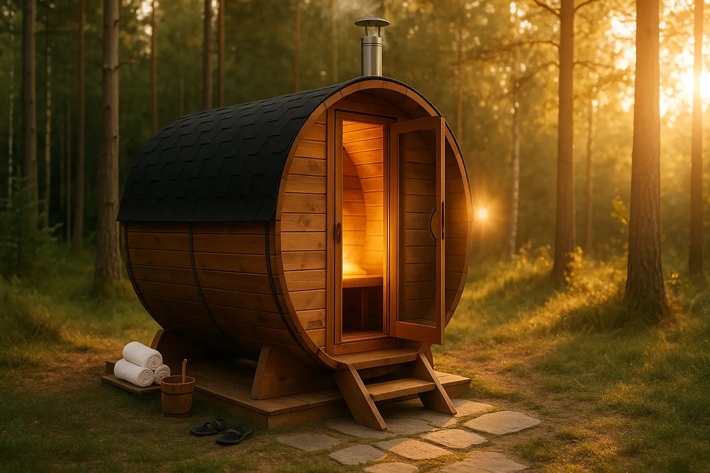Luxury thermowood barrel sauna with soft steam in a sunlit forest, stone path, and cedar bucket placed outside.