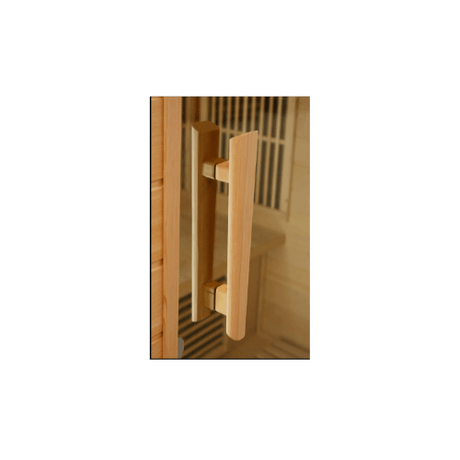 Close-up view of the door handle on the Golden Designs Maxxus 2-Person Low EMF Sauna MX-K206-01