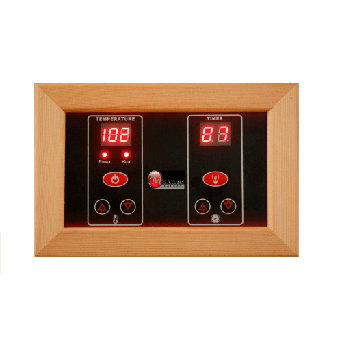 Close-up view of the control panel in the Golden Designs Maxxus 2-Person Low EMF Sauna MX-K206-01