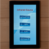 Close-up of the touchscreen control panel in the Golden Designs Maxxus 2-Person Low EMF Infrared Sauna made of red cedar