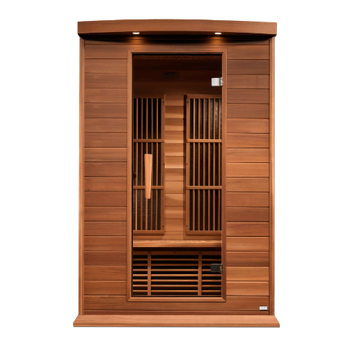 Front view of the Golden Designs Maxxus 2-Person Low EMF Infrared Sauna made of red cedar