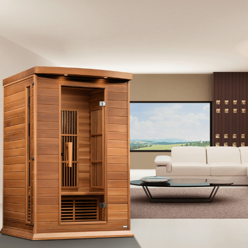 Lifestyle view of the Golden Designs Maxxus 2-Person Low EMF Infrared Sauna made of red cedar