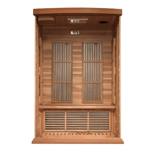 Interior view of the Golden Designs Maxxus 2-Person Low EMF Infrared Sauna made of red cedar