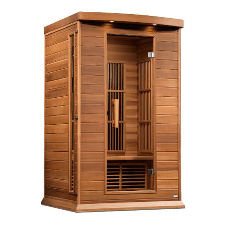 Left side view of the Golden Designs Maxxus 2-Person Near Zero EMF Sauna in Red Cedar
