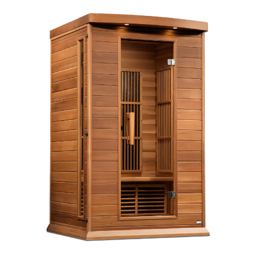 Left side view of the Golden Designs Maxxus 2-Person Near Zero EMF Sauna in Red Cedar