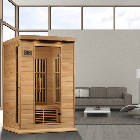 Lifestyle view of the Golden Designs Maxxus 2-Person Near Zero EMF Sauna