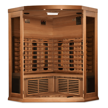 Interior view of the Golden Designs Maxxus 3-Person Full Spectrum Corner Sauna