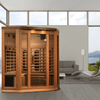 A corner sauna designed for three people, featuring full-spectrum infrared technology