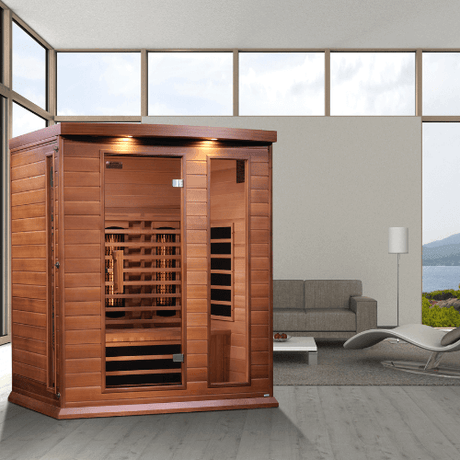 A lifestyle view of the Golden Designs Maxxus 3-Person Full Spectrum Infrared Sauna