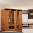 Lifestyle view of the Golden Designs Maxxus 3-Person Low EMF Sauna made of red cedar