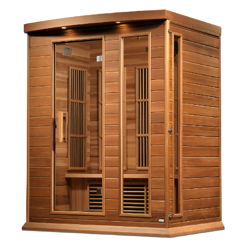 Right side view of the Golden Designs Maxxus 3-Person Low EMF Sauna made of red cedar