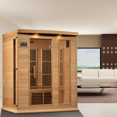 A lifestyle view of the Golden Designs Maxxus 3-Person Low EMF Sauna MX-K306-01