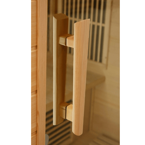 Close-up view of the wooden window panel in the Golden Designs Maxxus 3-Person Low EMF Sauna MX-K306-01