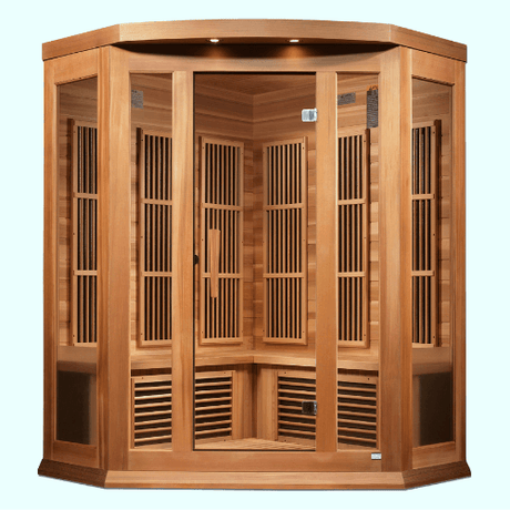 Front view of the Golden Designs Maxxus 3-Person Low EMF Sauna made of red cedar