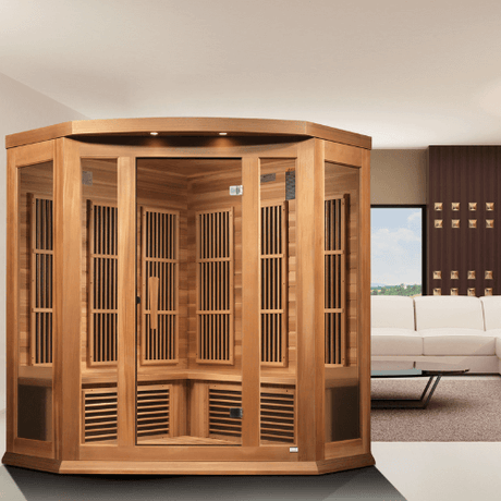 Lifestyle view of the Golden Designs Maxxus 3-Person Low EMF Sauna made of red cedar