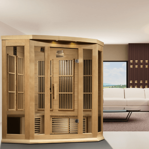 A lifestyle view of the Golden Designs Maxxus 3-Person Low EMF Sauna MX-K356-01