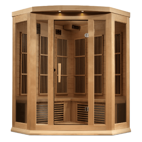 Fornt view of the Golden Designs Maxxus 3-Person Near Zero EMF Corner Sauna