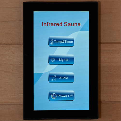 Close-up of the touchscreen control panel in the Golden Designs Maxxus 4-Person Low EMF Sauna made of red cedar